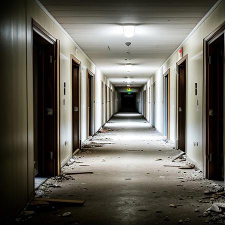 RAW photo, creature far down hallway, 8k uhd, dslr, soft lighting, high quality, film grain, Fujifilm XT3, Masterpiece, photorealistic, abandoned hospital, looking down hall way,