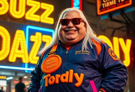 Buzz Daddy is a larger-than-life character, exuding charisma with a signature grin reminiscent of Riccardo Villalobos. His playful, lighthearted aura contrasts with his bulky, chubby physique. He’s decked out in a corporate tracksuit with vibrant psychedelic details, featuring a standout orange piece that reads “The Road to Torino.” His look is completed by a massive yogurt buckle shaped like a buzz coin, and long, straight white hair that adds to his striking appearance. His reflective shades mirror the electric glow of digital yellow signs, while he mischievously tosses stacks of Buzz coins around.
Buzz Daddy’s personality is zany, artistic, and captivating—his presence radiates the vibe of a meme king who thrives on humor and unpredictability. In the scene, “Buzz Daddy” is showcased in luminous, cinematic letters, whether displayed on a neon-lit billboard, a glowing mural, or boldly printed across his ultra-realistic jacket. The composition merges digital and artistic styles, creating a playful yet composed visual experience. The atmosphere is surreal and meme-driven, highlighting Buzz Daddy’s larger-than-life persona with influences from aidmafluxpro1.1, aidmaMJ6.1, and aidmahyperrealism, ensuring an unforgettable visual impact.