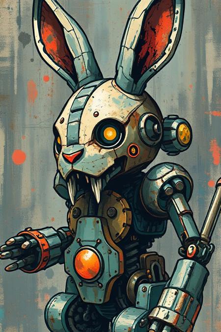 ssf_4bstr4ct. Detailed vector illustration roughly painted. dieselpunk robot bunny death machine, post apocalyptic. UHD