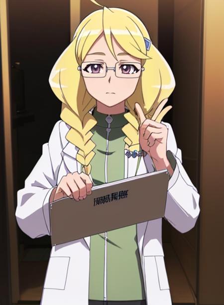 best quality, (masterpiece),(ultra-detailed), (high quality), (high resolution), <lora:tatsunoriasu:0.7> tatsuno riasu, blonde hair, glasses, long hair, hairclip, labcoat, purple eyes, braid