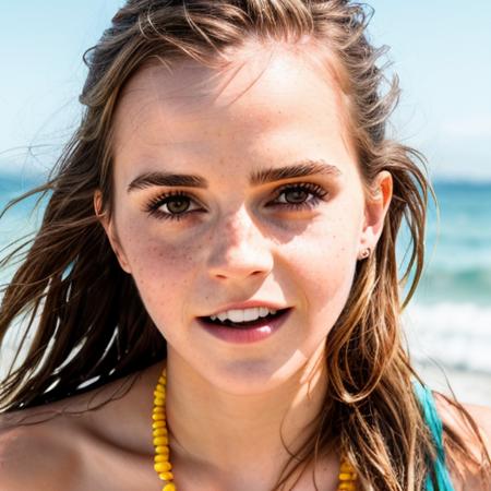 RAW photo, (extreme close up:1.2) portrait photo of a woman [Emma Watson | Sophia Lillis] with perfect face, perfect teeth, perfect eyes, bracelets, sweaty, happy, friendly, natural skin, natural sunlight, on the beach by the ocean, dynamic photo, 8k uhd, high quality, film grain, Fujifilm XT3, filling the frame  <lora:add_detail:0.3>