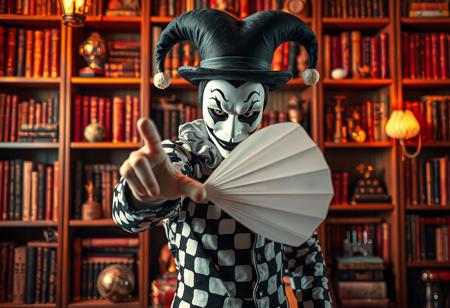 A captivating 4K image, trending on ArtStationHQ, presents a harlequin jester in a dynamic pose, their face hidden by an enigmatic white mask. The jester, central to the composition, uses the golden ratio to command attention. Clad in a meticulously detailed black and white costume—a polka-dotted top hat, striped shirt, and checkered pants—they gesture with a pristine white fan towards the viewer, creating an immediate connection. The jester's eyes, rendered with lifelike detail, convey vivid emotions. The background, a richly detailed bookshelf overflowing with books and knick-knacks, adds depth and context, suggesting a personal library or study. The style seamlessly blends Raphael's classical grace with Houdini's theatrical flair, enhanced by the vibrant energy of splash ink illustration and the photorealistic precision of an Octane render. Harmonious, multicolored tones bathe the scene in captivating light, creating a joyful impact and delivering a powerful, unspoken message. The image is rendered with Unreal Engine 5, emphasizing high-resolution details, sharp lines, stunning colors, and impeccable composition. Every element, from the super-detailed face and clothes to the intentional focus and well-timed moment, contributes to an exceptionally high-quality, handcrafted masterpiece. The overall aesthetic is contemporary, evoking a sense of wonder and mystery.
