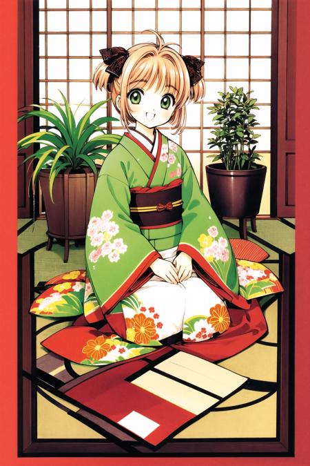 kinomoto sakura, 1girl, japanese clothes, seiza, kimono, brown hair, floral print, flower, vase, long sleeves, obi, green eyes, sitting, sash, 1990s (style), indoors, bangs, antenna hair, short hair, smile, looking at viewer, kero, retro artstyle, hair intakes, hand fan, open mouth, potted plant, print kimono, plant, hair ornament, wide sleeves, full body, solo, head tilt, :d, orange kimono, two side up, zabuton, female child, ribbon, picture frame,  <lora:Card Captor Sakura_v2:0.8>