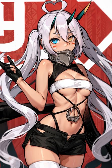 (masterpiece_1.3), (best quality_1.2),indianapolis \(azur lane\),1girl,solo,heart ahoge,yellow eyes,blue eyes,heterochromia,pink hair,dark-skinned female,long hair,ahoge,dark skin,very long hair,bangs,twintails,horns,looking at viewer,medium breasts,facepaint,shorts,underboob,turtleneck,mechanical horns,eyes visible through hair,black gloves,gloves,thighhighs,white thighhighs,black shorts,bandeau,partially fingerless gloves,cleavage,navel,hair between eyes<lyco:GoodHands-beta2:0.5>    <lora:30_indianapolis:1>