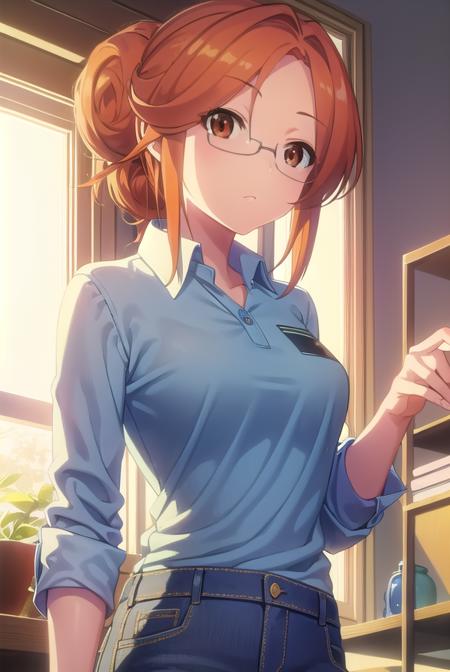 mari katsuragi, (brown eyes:1.5), glasses, hair bun, orange hair, single hair bun, hair up, shirt, collared shirt, long sleeves, pants, denim,