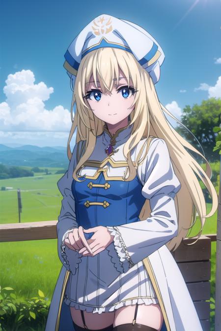 priestess, <lora:priestesss2-lora-nochekaiser:1>, 
priestess, blonde hair, blue eyes, long hair, hair between eyes, (small breast:1.2), smile,
BREAK boots, dress, frilled sleeves, frills, hat, white headwear, pelvic curtain, high heels, robe, thigh boots, thighhighs, white thighhighs, long sleeves, puffy sleeves,
BREAK outdoors, grass, nature, forest, cloud, sky, sun,
BREAK looking at viewer, (cowboy shot:1.5),
BREAK <lyco:GoodHands-beta2:1>, (masterpiece:1.2), best quality, high resolution, unity 8k wallpaper, (illustration:0.8), (beautiful detailed eyes:1.6), extremely detailed face, perfect lighting, extremely detailed CG, (perfect hands, perfect anatomy),