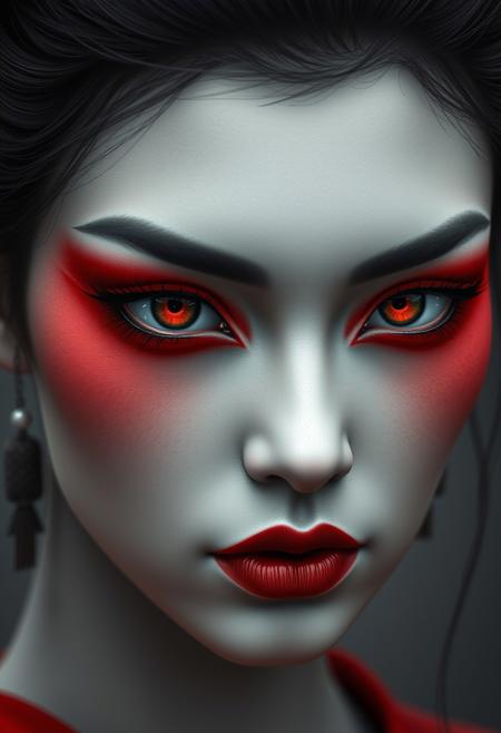 a woman with red eye makeup, in the style of japonism influenced pieces, daz3d, black and white mastery, japanese-inspired art, light gray and red, distinctive noses, sharp focus