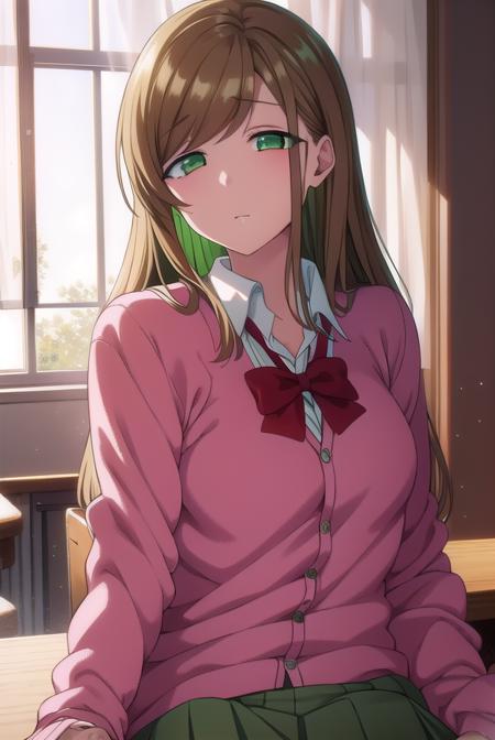 minakosanada, <lora:minakosanada-lora-nochekaiser:1>, 
minako sanada, long hair, brown hair, (green eyes:1.5),
BREAK long sleeves, bow, school uniform, bowtie, red bow, cardigan, pink cardigan,
BREAK looking at viewer,
BREAK indoors, classroom,
BREAK <lora:GoodHands-vanilla:1>, (masterpiece:1.2), best quality, high resolution, unity 8k wallpaper, (illustration:0.8), (beautiful detailed eyes:1.6), extremely detailed face, perfect lighting, extremely detailed CG, (perfect hands, perfect anatomy),