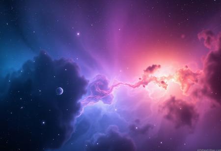 photorealistic cosmic nebula with hues of blues, purples, and orange
