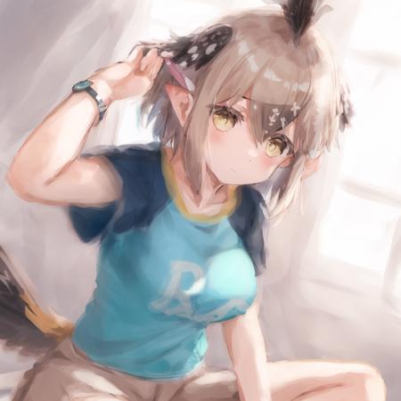 kusomeepchan, 1girl, ((solo)), shirt, beige hair, short sleeves, head wings, bird tail, beige bike shorts, short hair, hair between eyes, aqua t-shirt, shirt writing, bangs, hair tubes, yellow eyes, feather hair ornament, sidelocks, bare arms, watch, detailed shading, detailed ambient light