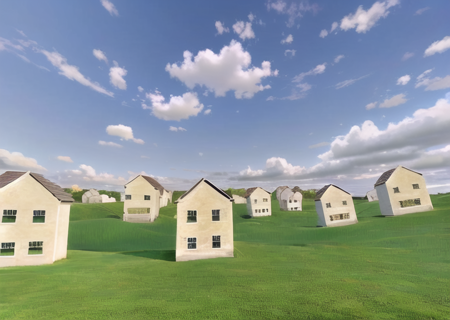 a group of houses in a field with a sky background, <lora:Level94-10:0.90>