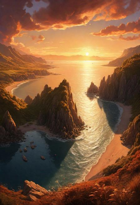 Bathed in the warm glow of a setting sun, a coastal haven reveals itself in all its glory by Al Williamson,  (panoramic , artstyle-art deco but extremely beautiful:1.4), (intricate details, masterpiece, best quality:1.4)
Terragen, beautiful massive landscape, epic scenery, Terragen, , looking at viewer
<lora:add-detail-xl:1> <lora:xl_more_art-full_v1:0.5>  <lora:looking_at_viewer:2>