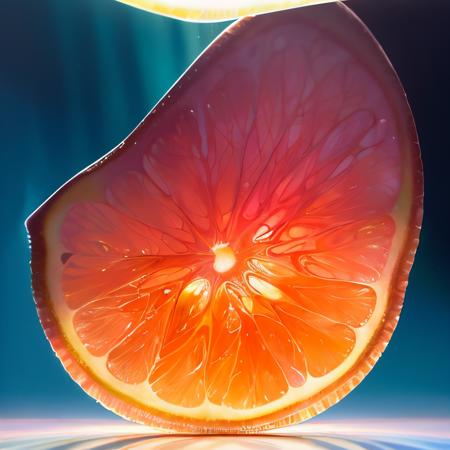 a hyper realistic painting of a fruit slice, a close up of a grapefruit slice with a black background, backlit, art by fruityslices3