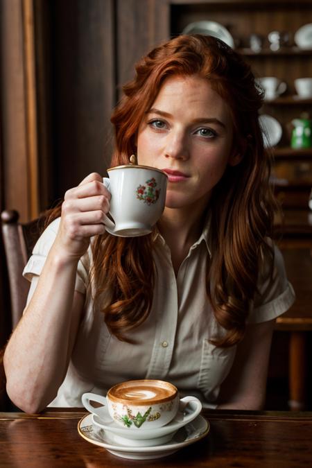 <lora:Rose_Leslie:1> masterpiece, best quality, detailed face, a mature r1873l, 1girl, solo, red hair, cup of tea, cafe, inside, table with a leprechaun, salt pepper pots, plate