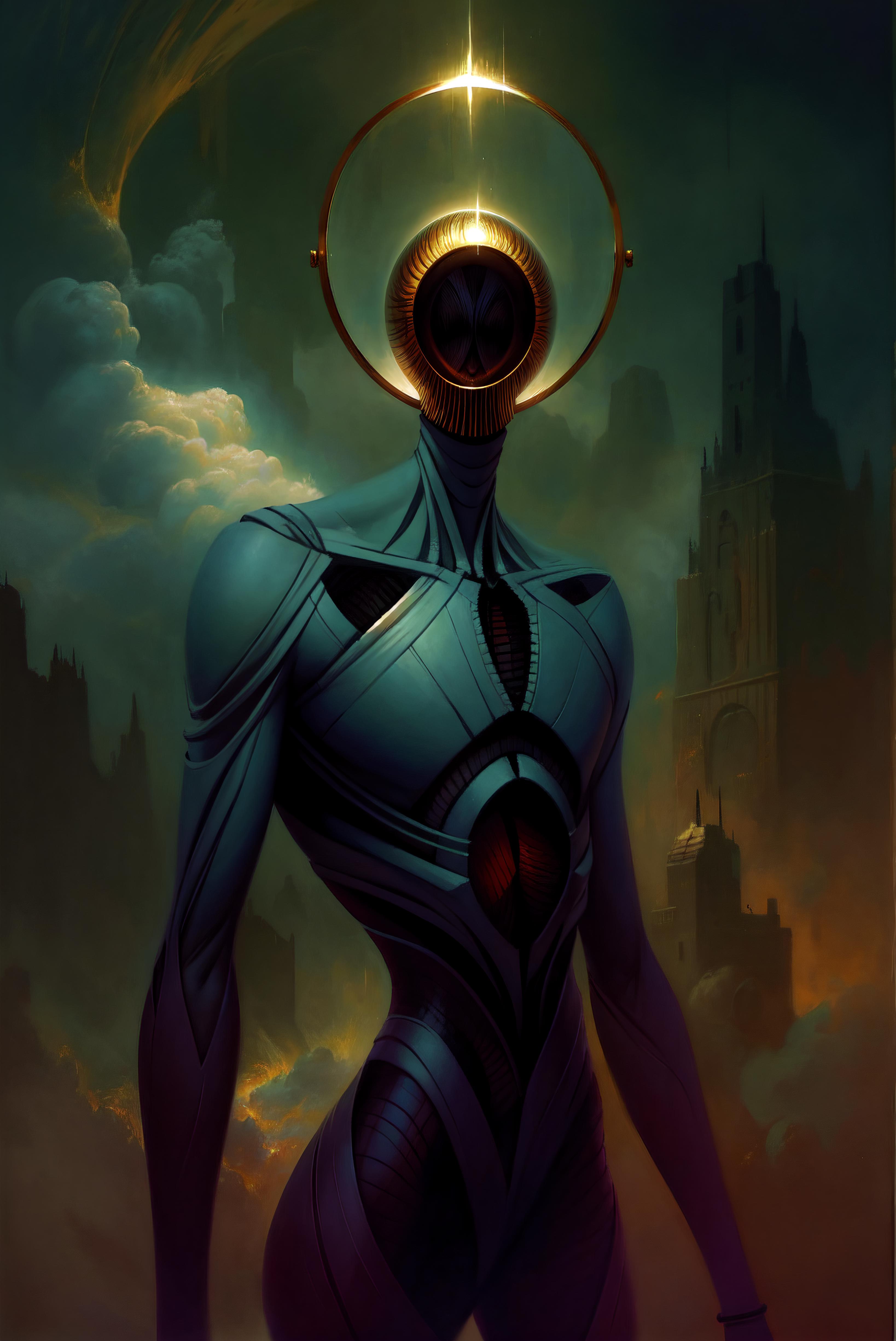 A Dark and Mysterious Artwork Featuring a Robotic Human Figure with a Large Golden Head and a Glowing Eye.