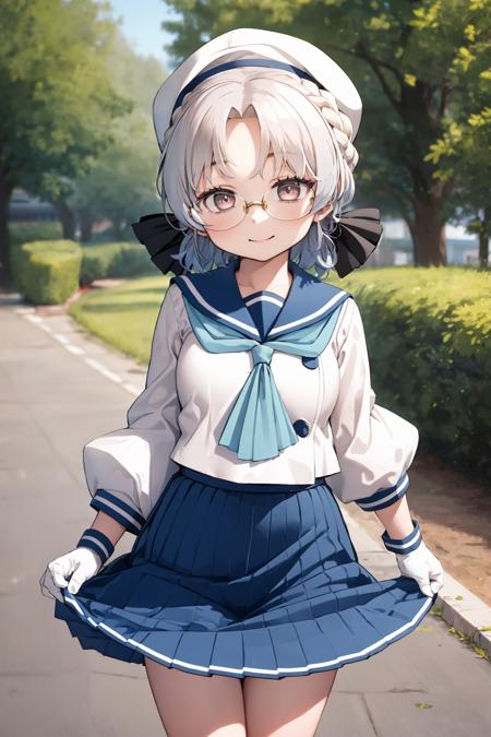 best quality, masterpiece, highly detailed, 1girl, solo, smile,
hirato, braid, glasses, hair ribbon,
school uniform, hat, blue ribbon, blue sailor collar, blue neckerchief, long sleeves, white gloves, blue skirt, pleated skirt, 
outdoors, 
<lora:HiratoKancolleV02-000018:1>