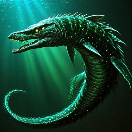 A terrifying sea monster emerging from dark waters, its very long serpentine and eel body coiling, body covered in bioluminescent markings that glow,bioluminescent. The creature has a gaping maw with long sharp teeth, head resembling a deep sea eel. Its body with a eel-like appearance. Glowing lime green bioluminescent streaks along its body.has long mouth and large jaw,
has dark deep blue scales,snake scales
,his belly is black color, 
dark green fins,
eyes glow neon light green color,
 has one eye each side of his head,
 has long snake-like body coiling 
,has a long and wide translucence fin at end of its tail,
 has very long and sharp dorsal fins on the top of its back
,has jagged gills with small thin horns behind its cheeks,
pair number of fins, has 2 pectoral fins
BREAK
 The background suggests a misty,dark, otherworldly underwater space scene
leviathan a sea monster
 (masterpiece), best quality, intricate detail, amazing quality, amazing shading,  gloomy colors, dark aura, horror,pitch black background,
<lora:night vision style:1>