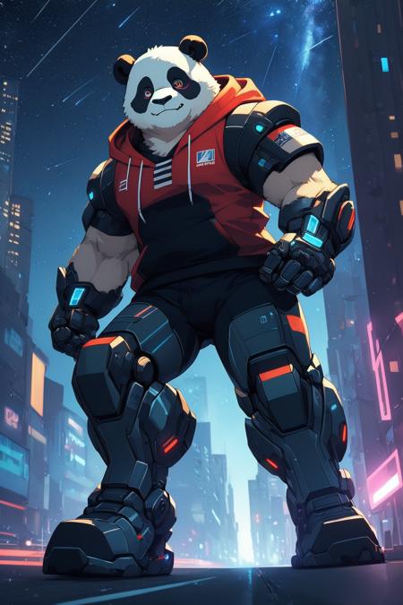 (a cyborg anthropomorphic giant panda male furry is running in the street:1.1), (He has very fluffy fur on cheek and animal head:1.1), (mechanical arms and hands, mechanical legs and boots, gloves:1.1), (He wears a short sleeves red hoodie with both proud and serious on his face:1.1), (His eyes are black and shine and looking afar:1.1), 
BREAK cityscape, backlighting, night, moonlight, starry sky, shooting star, constellation, masterpiece, best quality, realistic, illustration, cyberpunk, science fiction, medium shot, dutch angle, <lora:align_sd_lora:0.5>