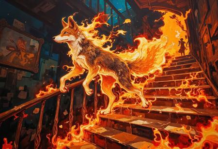 DB4RZ, dreadmirthart, DB4RZ style painting. Painting. Surreal stairwell, anthro flaming fox running up stairs, depth of field perspective color shift. Background hallucination colors, long highly detailed fur fire trails