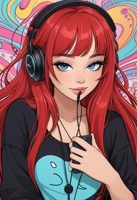 cartoon style, long red hair, long bangs, long eyelashes, thick eyelashes, thick lips,  loose hairstyle, relaxed pose, casual black shirt, partially unbuttoned, necklace,  complex and intricate background, soft colors, detailed hair strands, expressive eyes, contemporary cartoon art, dynamic lines, high-quality illustration, wearing headphones, wired headphones, holding phone,  listening to music, joyful expression