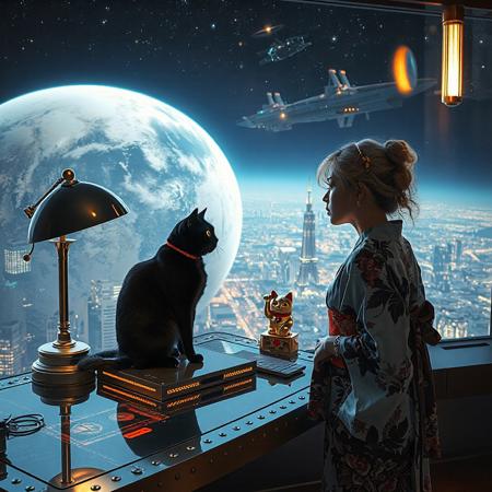 A sleek black cat with red collar sits on a cluttered metal riveted desk with transparent top and micro-LED lighted computer components visible inside, On the desk is a gold and lacquer maneki neko statue and an art deco glass and metal lamp, the Black Cat is looking out of a seamless and futuristic floor to ceiling window that looks out at a planet from low orbit, the planet is covered with the lights of enormous buildings and cities that maintain realistic scale, (((a beautiful woman, 24 years old, is standing next to the desk the cat is sitting on and looking longingly out the window, the woman is dressed in casual, but beautifully designed elegant but sexy yukata. An enormous deco starship with futuristic lighting and an enormous space station are visible in the background among the stars, The woman's hair is messy from just waking up and tied up with a ribbon.  Artistic art deco, dynamic perspective, (((overall architectural aesthetic is Art Deco Cyberpunk))).  Epic image that elicits a feeling of wonder and awe, inspired composition of a master image artist using exact proportionality and exquisite use of colors light and shadows,