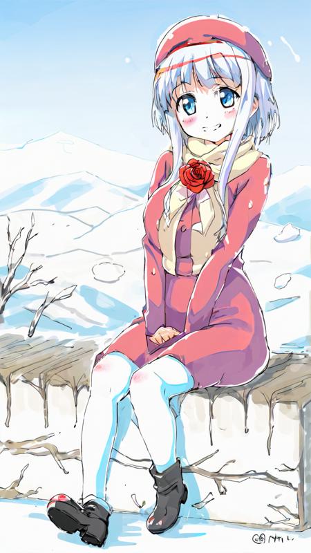 color trace, masterpiece, best quality, winter, snow field, smile, blush, 1girl, bangs, blue eyes, blunt bangs, bonnet, brown footwear, brown hair, red dress, frills, fruit, full body, hat, long hair, long sleeves, looking at viewer, black pantyhose, red flower, red rose, rose, shoes, sitting, solo, sky, sunset, mountain, forest, lake,