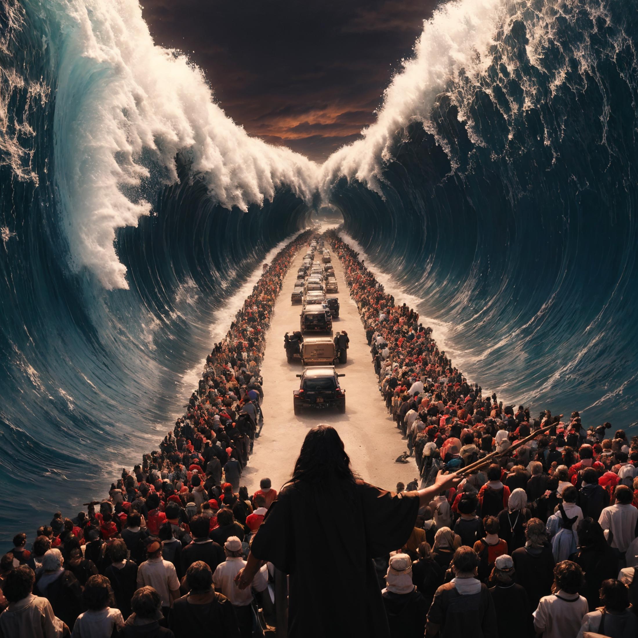 A painting of a man and a crowd of people standing on a road as a large wave approaches them.