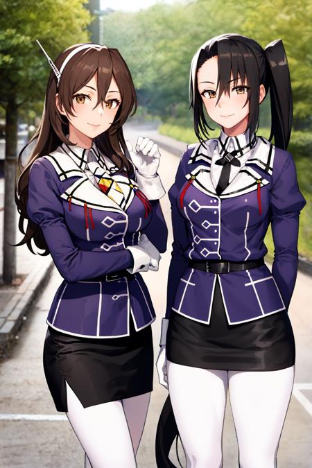 2girls,  outdoors, smile, BREAK
<lora:AshigaraKancolle_V10:1>, ashigara \(kancolle\), military uniform, white hairband, purple jacket, neckerchief, white gloves, black belt, black skirt, miniskirt, pencil skirt, white pantyhose, BREAK
<lora:NachiKancolleV2:1>, nachi \(kancolle\), military uniform, purple jacket, collared shirt, white shirt, black necktie, white gloves, black belt, black skirt, miniskirt, pencil skirt, white pantyhose,