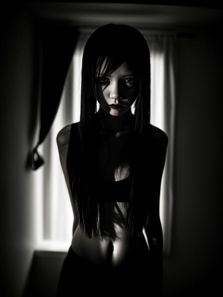 full posture photography of young slender 1girl, demonic eyes, noir dark, nightmare style