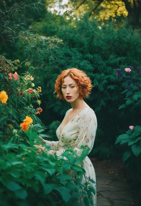 Beautiful female model in a lush garden, (fine art creative:1.3) photography style, (cinematic:1.2) lighting, (vibrant flowers:1.1), (realistic photographic film stock:1.4), (natural pose:1.2), (rich textures:1.3), inspired by (Cindy Sherman:1.5), dreamy atmosphere, soft bokeh.