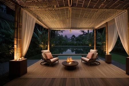 view from under a large canopy made of bamboo structure ,(evening time),dusk,exterior design