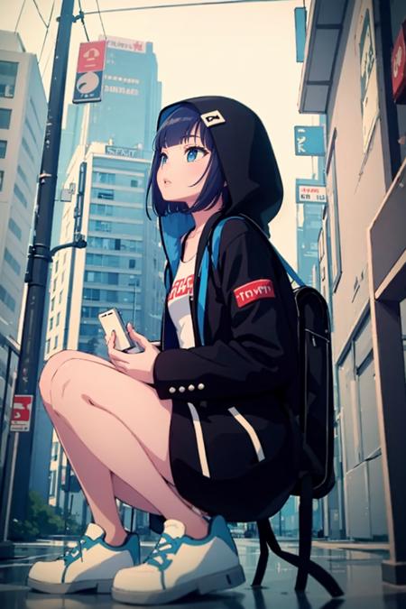 short hair, blunt bangs, blue hair, blue eyes, white shirt, red shirt writing, closed black jacket, black zipper, blue backpack, red keychain, octopus keychain, hood up, white sneakers, bare legs,