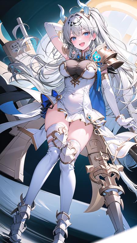 1girl, solo, long hair, breasts, horns, thighhighs, open mouth, smile, high heels, blue eyes, white hair, white footwear, dress, armor, white thighhighs, gloves, large breasts, full body, boots, white dress, thighs, white gloves, bangs,  <lora:SuffrenV1.0:0.8>, suffrenlibre, sitting,