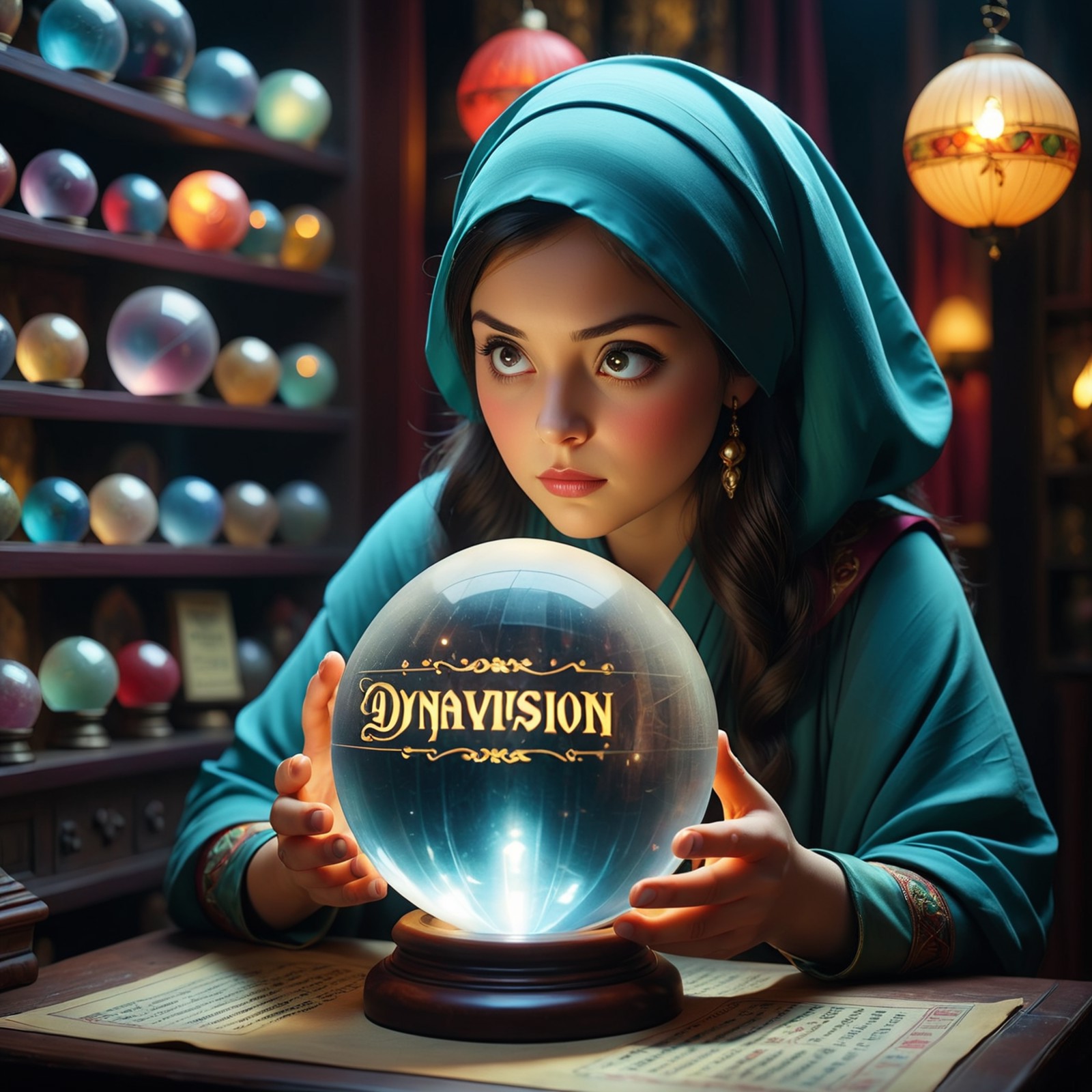 A fortune teller gazing into a crystal ball in a dim, mystical shop., (cinematic color grading lighting vintage realistic ...
