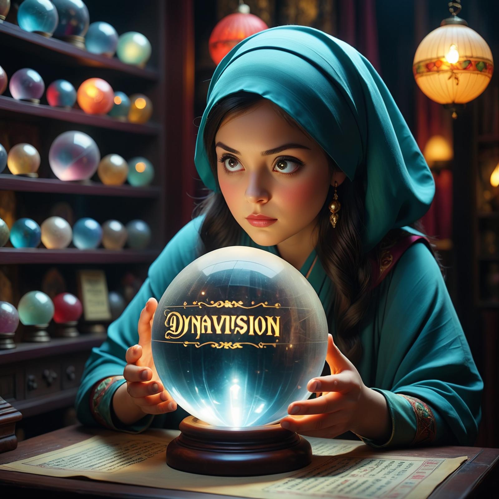 A girl looking into a crystal ball with a green turban.