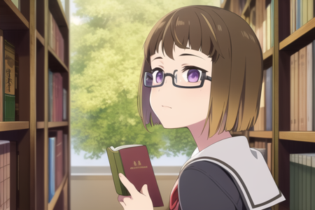 (best quality, masterpiece:1.4), detailed background, detailed face, detailed eye, 1girl, solo, <lora:aria-12:0.6>, (shibuya aria, brown hair, purple eyes, short hair), glasses, indoor, library, student uniform, bookshelf, holding book, standing, looking back, from side