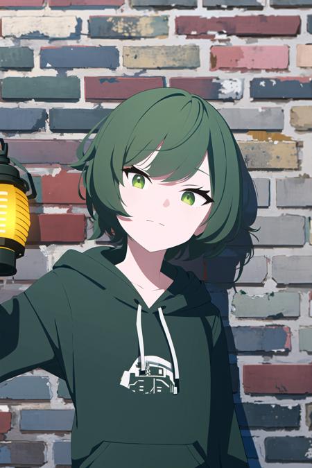 masterpiece, best quality, 1girl, holding lantern, bangs, short hair, half updo, green hair, hoodie, hood down, brick wall covered in graffiti, grafitti, ,