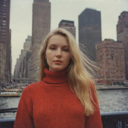 A photo in a (grainy:1.1) and (imperfect:1.1) style, conveying the (raw:1.1) and (unedited:1.1) nature of amateur photography. a grainy film photograph taken in the early 1960s, polaroid, A woman with long straight blond hair is visiting new york city, wearing a thick red turtleneck sweater.  She is wide eyed and excited to see this city.  The figure of her breasts shows through the thick sweater. the view is from her waist up.