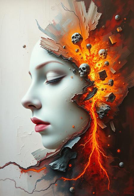 Soft pastel colors in a classic oil painting style create a rich textured image with visible brushstrokes.  A surreal abstract composition depicts a human face merging with a fiery explosion, revealing glowing magma veins. Gentle and soothing effect.