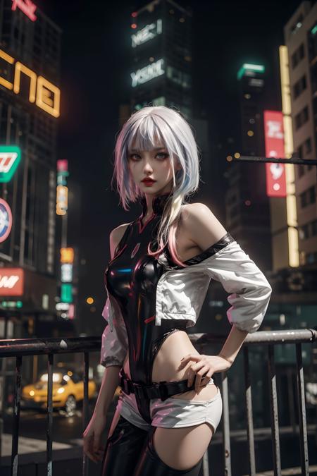 <lora:Lucy_Cyberpunk:0.75>, lucy_cyberpunk, cowboy shot, 1 sweet girl,white short hair, bangs, ((red eyeliner)), ((makeup)),red lips, white off-shouler jacket, black bodysuit, bare shoulders, white shorts,  hip vent, black thighhighs,standing, looking at viewer, upper body,fantasy, high contrast,cityscape, neon lights, neon trim, ((cyberpunk)),  <lora:add_detail:1>