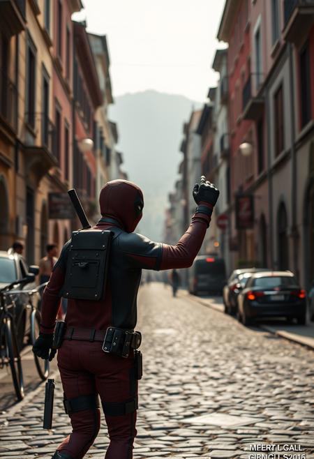 Deadpool in Italy, best quality, realistic, cinematic lighting, hyperrealistic, perfect quality