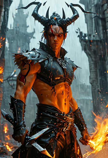 fire wielding demon,action,heavy rain,fantasy theme,horror elements,battle,castle backdrop,masterpiece,natural lighting,shadows,intricate details,subsurface scattering,masculine,pectorals,abs,(ultra realistic:1.3),(best quality:1.3),(hyper detailed:1.1),(high quality:1.1),<lora:detail_slider_v4:1>,(1male:1.1),(lean build:1.1),tattooed,wet,burning,sculpted muscles,(demon kin:1.1),(demon horns:1.3),(two-tone hair:1.1),(orange & black-hair:1.1),(messy-hair:1.1),(glowing-red-eyes:1.1),(fighting:1.1),cast fire spell,holstered dagger,chest visible,hard veins,serious,full body,black pants,black & silver boots,gauntlets,belt,chains,(black cape:1.1),ponytail,wide shot,(flaming hand:1.1),terrifying,destruction,<lora:JuggerCineXL2:1>,<lora:difConsistency_photo:1>,<lora:MJ52:1>,<lora:add_detail:1>,