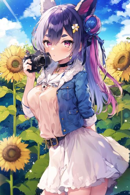 1girl, usada pekora, virtual youtuber, solo, long hair, jacket, thick eyebrows, sunflower, blue jacket, holding, red eyes, blue hair, outdoors, hair bun, flower, looking at viewer, day, sky, food-themed hair ornament, white choker, blue sky, hair ornament, open clothes, ribbon, bangs, open jacket, long sleeves, hair ribbon, carrot hair ornament, animal ears, blue neckerchief, white sailor collar, rabbit ears, blue ribbon, choker, cloud, fur-trimmed jacket, dress, standing, fur trim, belt, white dress, short eyebrows, neckerchief, blush, holding camera, from side, white belt, cowboy shot, sailor collar, breasts, closed mouth, field, camera, flower field, denim, parted lips, official alternate costume, medium breasts, earrings, denim jacket, single hair bun, white skirt, shirt, yellow flower, double bun, white shirt, multicolored hair, skirt