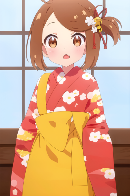 masterpiece, best quality, 4K Quality, 1girl, solo, looking at viewer, blush, open mouth, bangs, brown hair, hair ornament, long sleeves, bow, brown eyes, flower, ahoge, japanese clothes, fang, indoors, hair flower, wide sleeves, kimono, :o, apron, side ponytail, parted bangs, sash, window, bell, obi, floral print, ?, jingle bell, hair bell, red kimono, print kimono