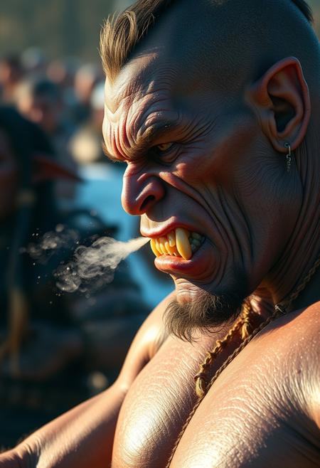 A full-body view of a roided-out oiled orc with prominent lower canines and rippling muscles intensely looking off to the side with out-of-focus orcs of different skin tones in the background, warpaint, and facial and body piercings, with the sun highlighting individual fine sparse facial hairs and light bloom and lens flare. He is exhaling a fine spray of condensation and spit in the cold morning air.