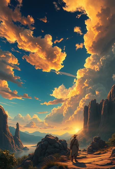 dramatic neoclassical realism, cinematic atmospheric lighting, hyper-detailed anime landscape, rich warm colors with glowing highlights, sculptural yet poetic composition, grand historical intensity meets dreamlike fantasy, vibrant skies with deep blue and golden hues