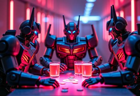 Robots, Megatron, Starscream, Grimlock,  playing poker, playing cards, poker chips,  drinking glowing pink beer, in a futuristic room, photographic 35mm style