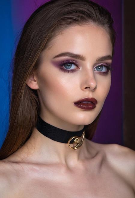 Persian Girl,A professional (fashion photo photography:1.2),a  (studio portrait:1.2),showing (surrealistic style:1.1),(black purple gradient background:1.2),(exaggerated character movements:1.5),against glass,(masterpiece, best quality:1.4), perfect body,  long hair, brown hair, brown eyes, parted lips, , detailed skin,model photoshoot, long bob-cut hair, shiny oiled skin, pale skin,  pale white skin, shiny oiled skin, pale skin, realistic eye and face details), hyperrealism, very slim,  bright face, blue eyes, choker, make-up photography by (Ethel Warwick:1.3), modelshoot, pose, , (Ethel Warwick: 1,2) award winning photo macro shot  dramatic lighting,philosophical dimensions,NIKON Z9,35mm,f/1.2,RAW format,stark composition.,(muted tones:1.2),award winning photo,(dream-like quality:1.2),
