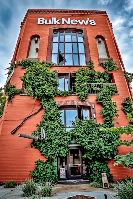 A front view of a building, Viewed from an upward looking low angle to increase its sense of height. A large abandoned brick skyscraper extends high up. The building is overgrown and infested with gigantic oversized vines with thorns. A faded and aged sign on the building reads: "Bulk News", the surrounding environment is an arid desert like environment. The scene is depicted in a photo-realistic style, There is an extreme amount of oversized vines. The window glass is broken and missing. The windows are broken and boarded over in places. Large trees and oversized vines are growing out of the building. <lora:Abandonedfluxv2:0.8>, abandoned