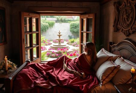 Inside a bedroom in the ancient roman era, a young woman lounges on a bed, looking out an open window to a courtyard filled with flowers, ferns, and a fountain. The girl is covered in a red and gold blanket, and is surrounded by many soft pillows. It is morning, with the sunlight just illuminating the garden. A small candle lights the room.